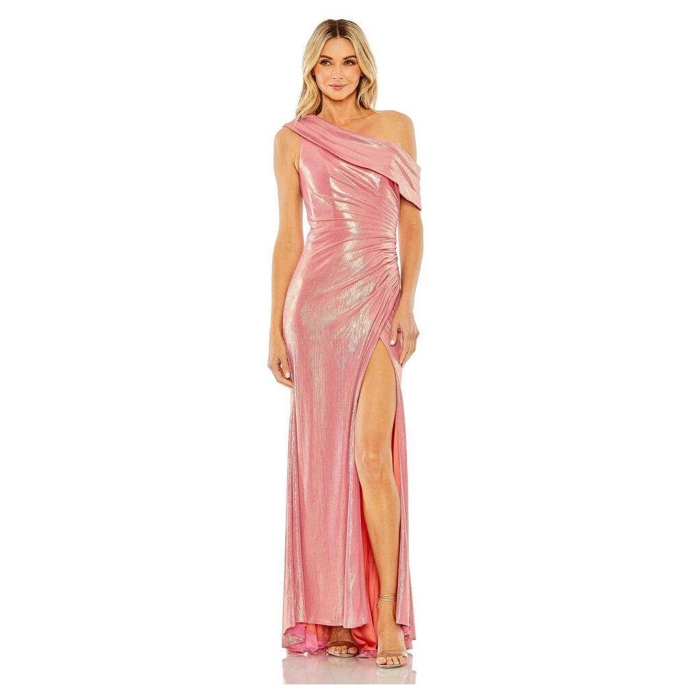 Ieena for Mac Duggal 27152 One Shoulder Metallic Gown Coral Pink Size 14